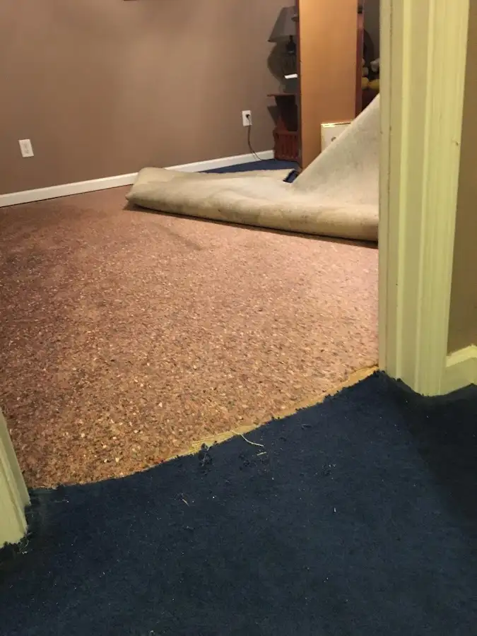 Carpet pad removal revealing water damage during Drying & Dehumidification in Parkwood